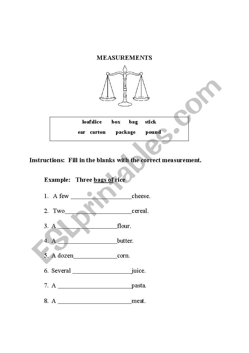 Measurements worksheet