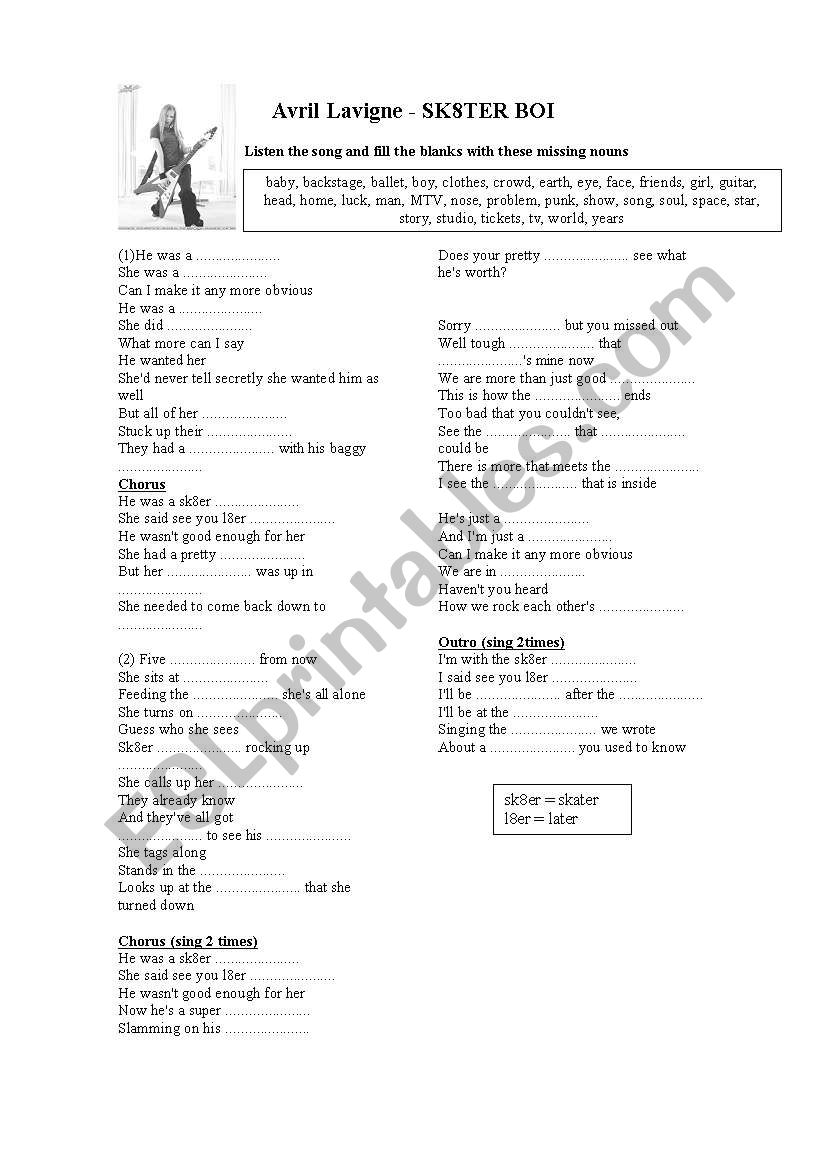 Avril Lavigne - sk8ter boy worksheet