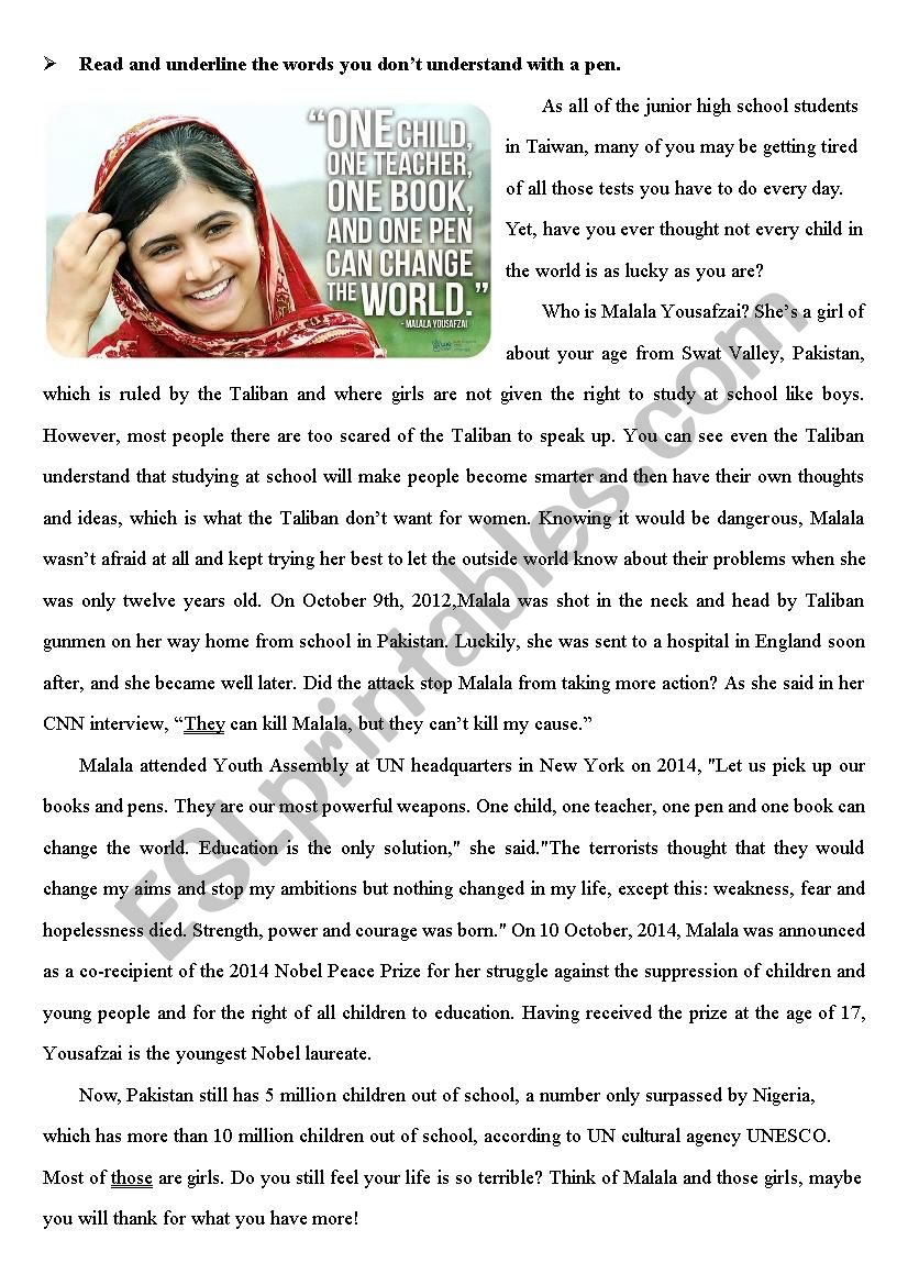 Speech At The United Nations Malala Yousafzai Worksheet Answers