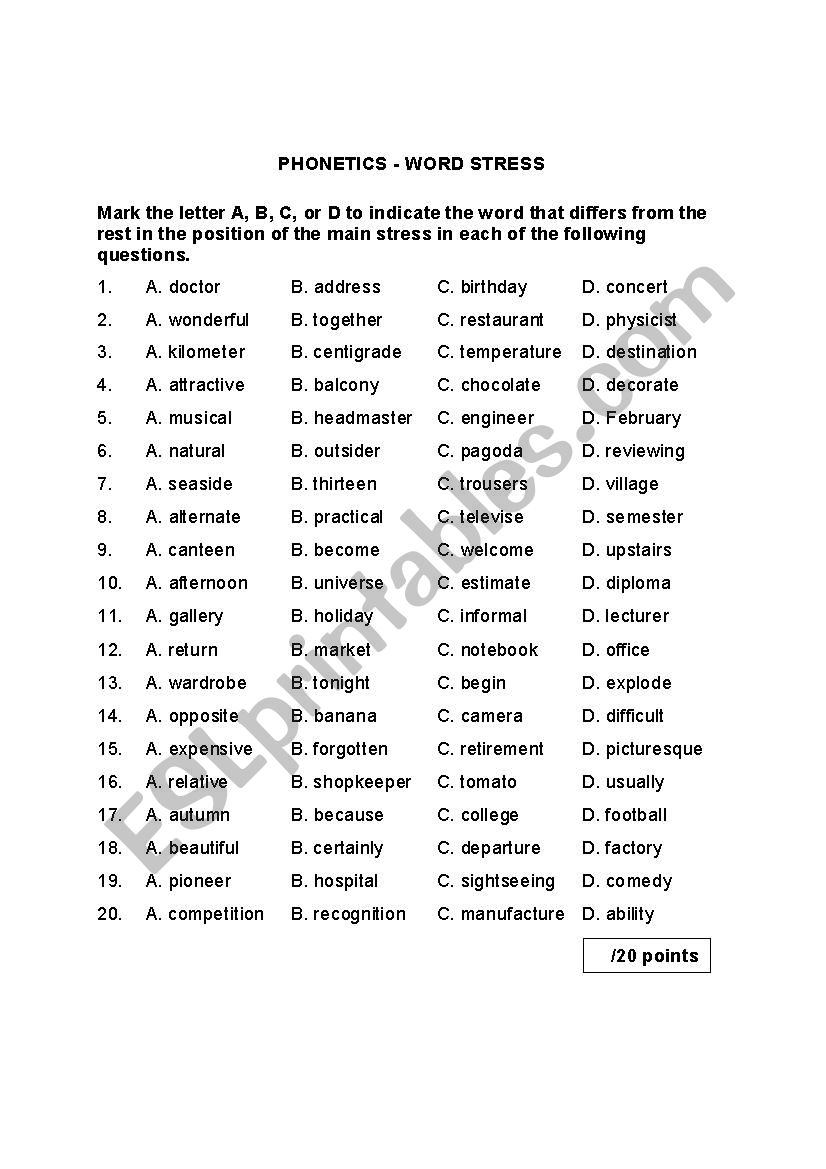 Phonetics - Word Stress 2 worksheet