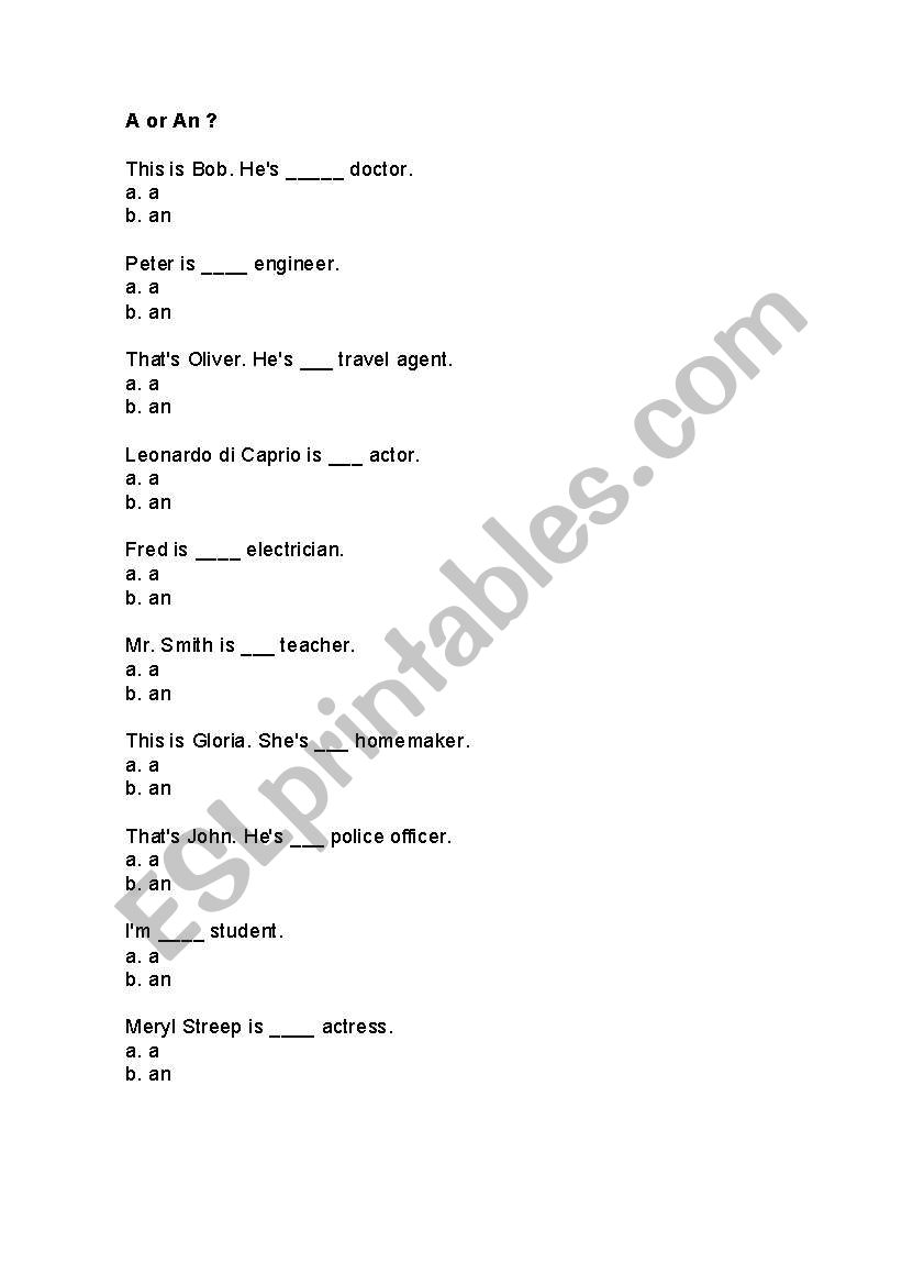 A or An?  worksheet