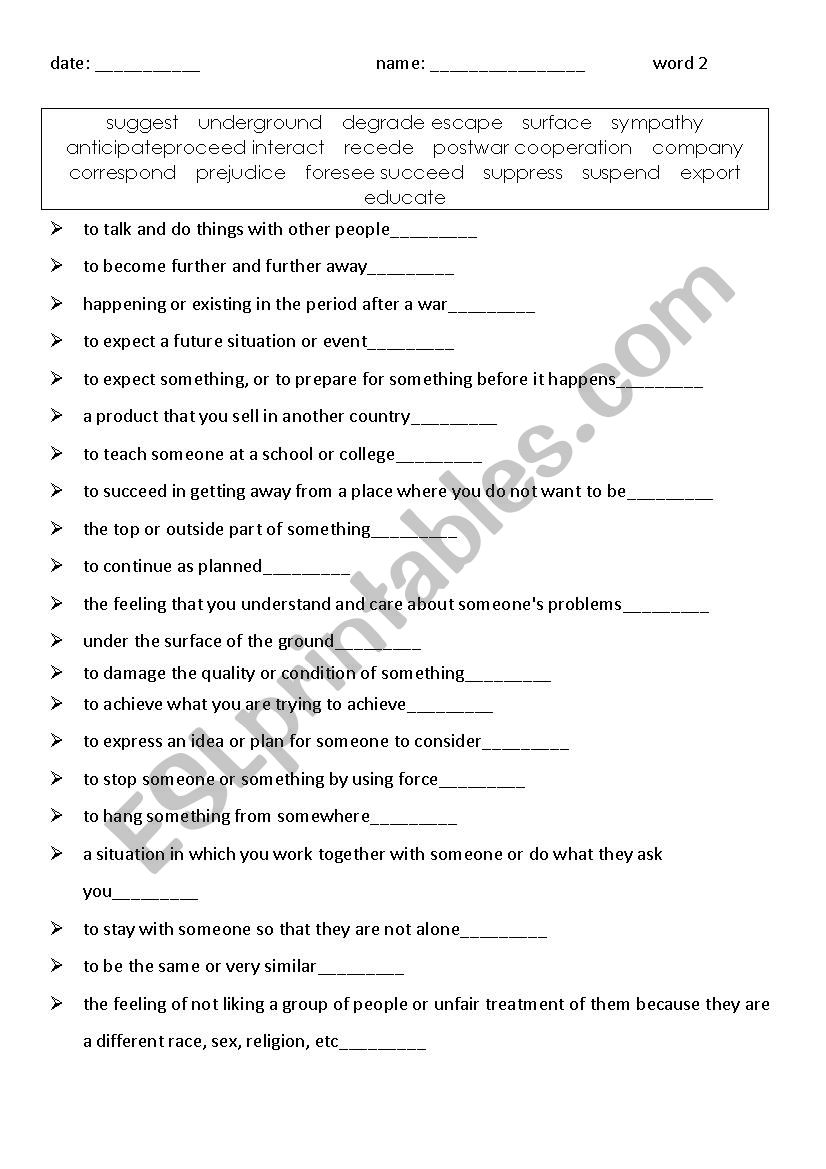 vocabulary/explanations 2 worksheet