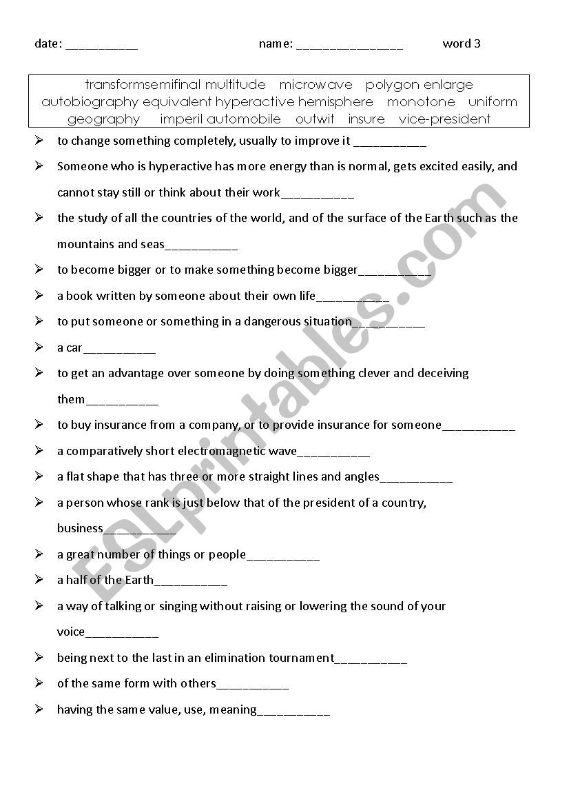 vocabulary/explanations 3 worksheet