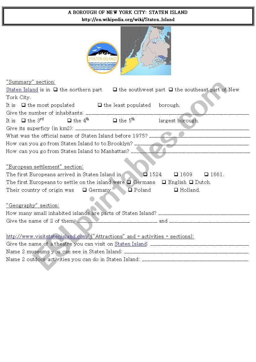 Webquest NYC - Staten Island worksheet