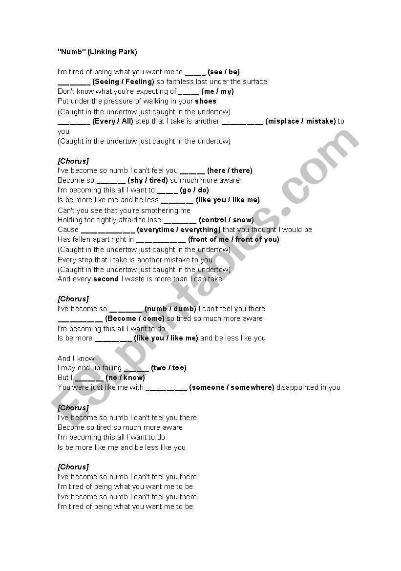 Song: Numb (Linking park) worksheet