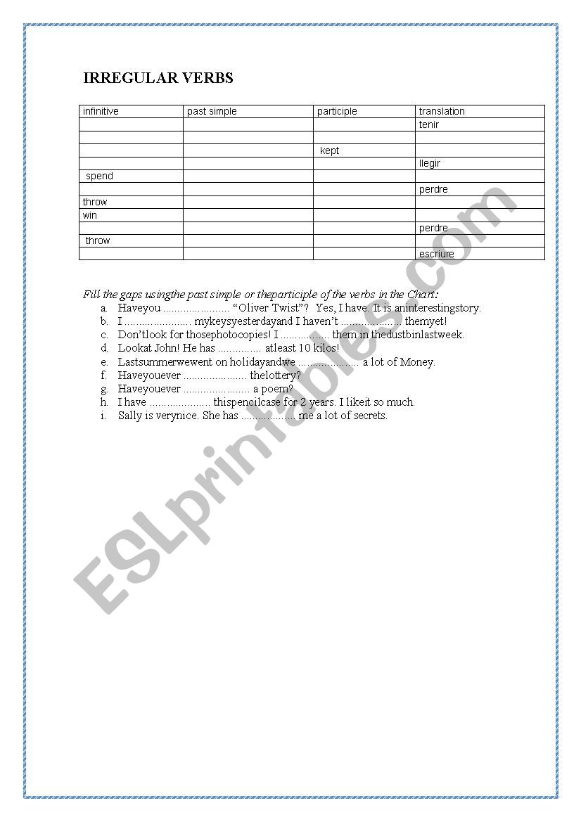 Irregular verbs test worksheet