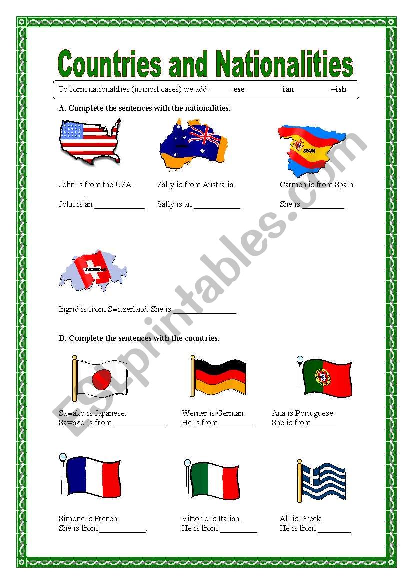 Countries and nationalities worksheet