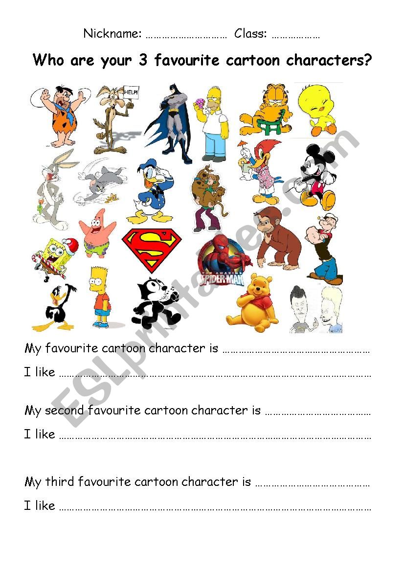 Favourite cartoon characters worksheet