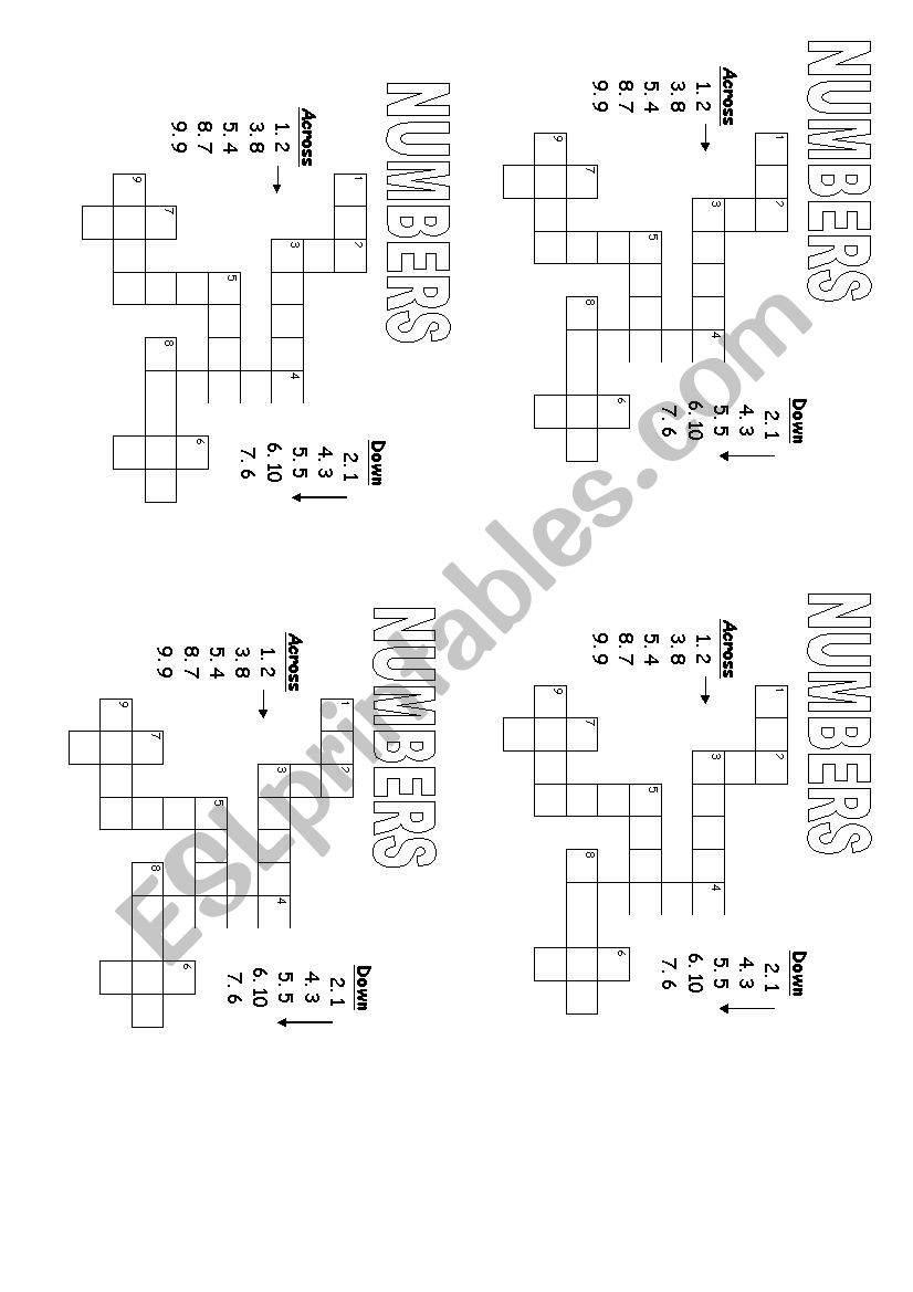 nUMBERS CROSSWORD worksheet