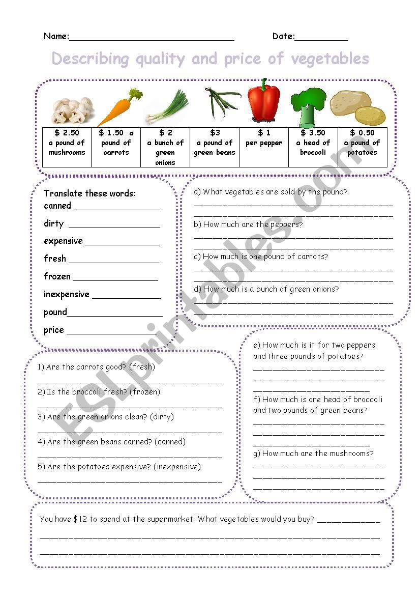 Vegetables Price and Quality Worksheet 