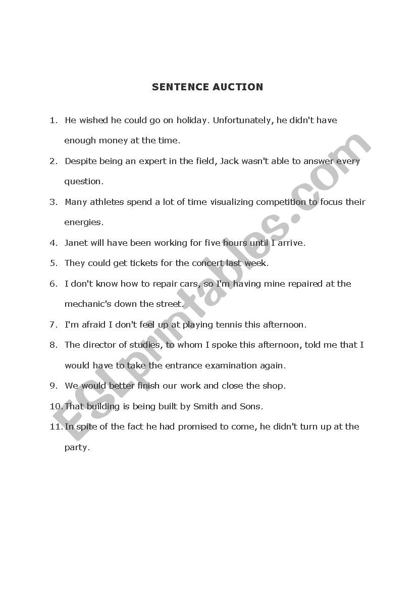 sentence auction worksheet