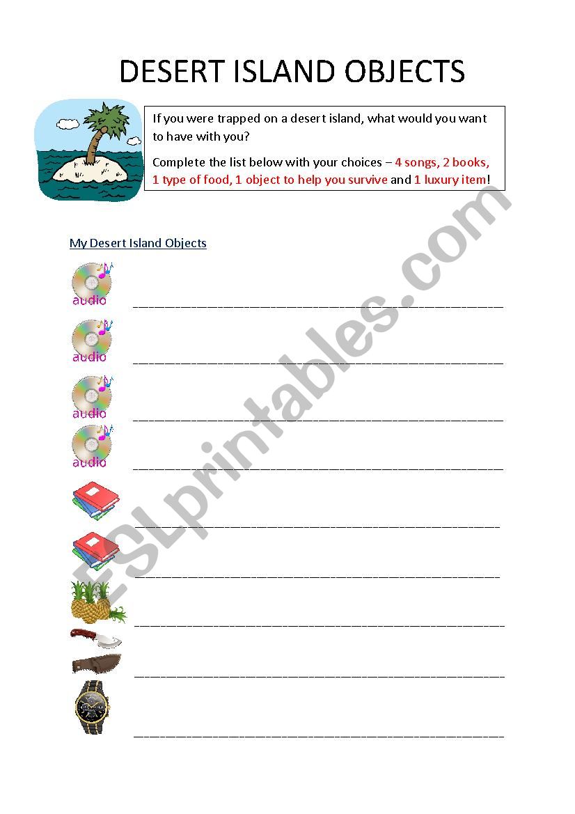 Desert Island Objects Esl Worksheet By F1girl1982 