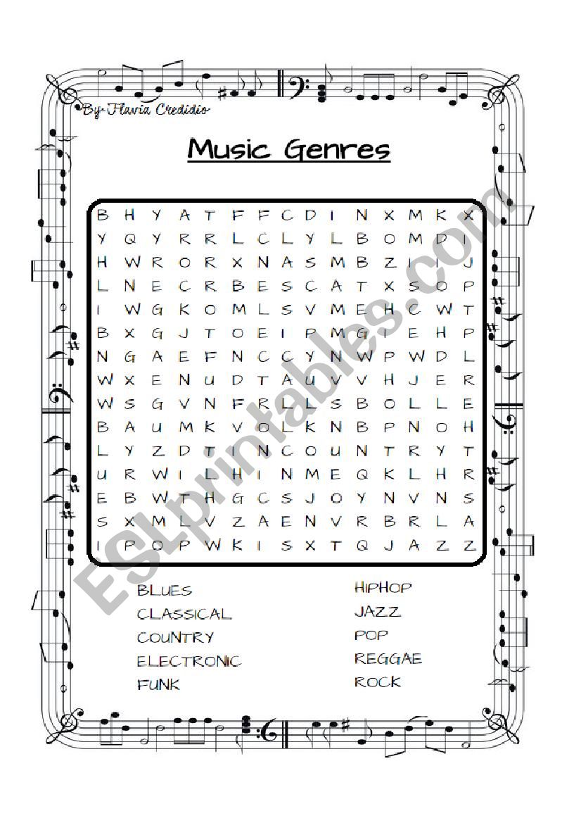 Music Genres Word Search worksheet
