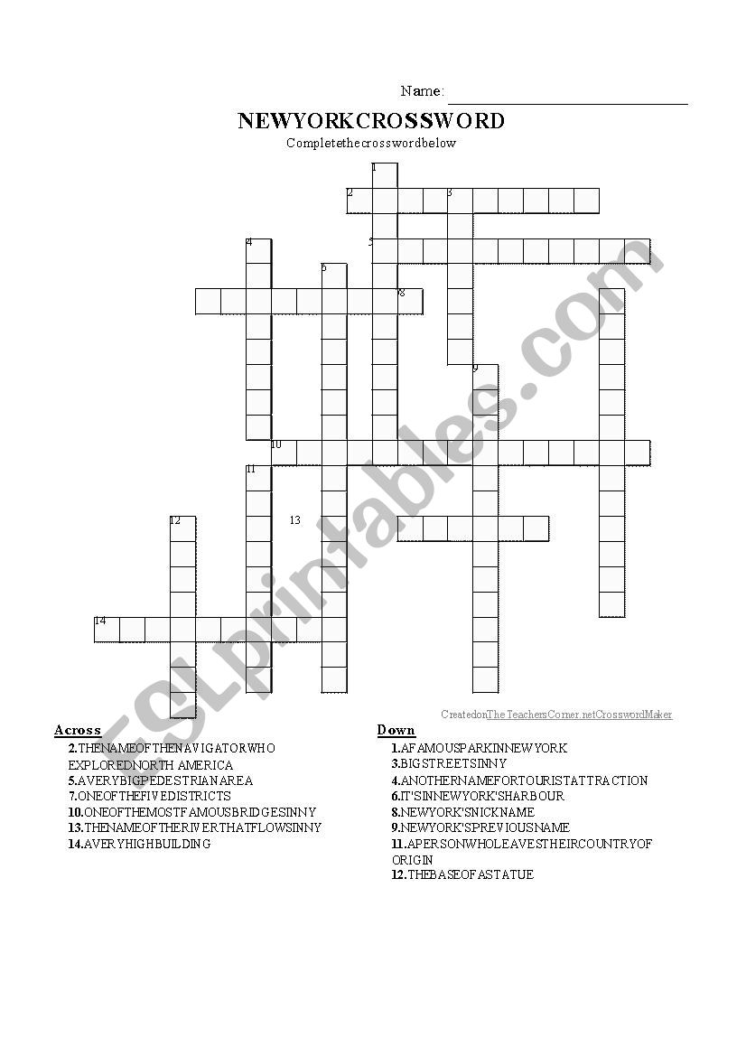 NEW YORK Crossword worksheet