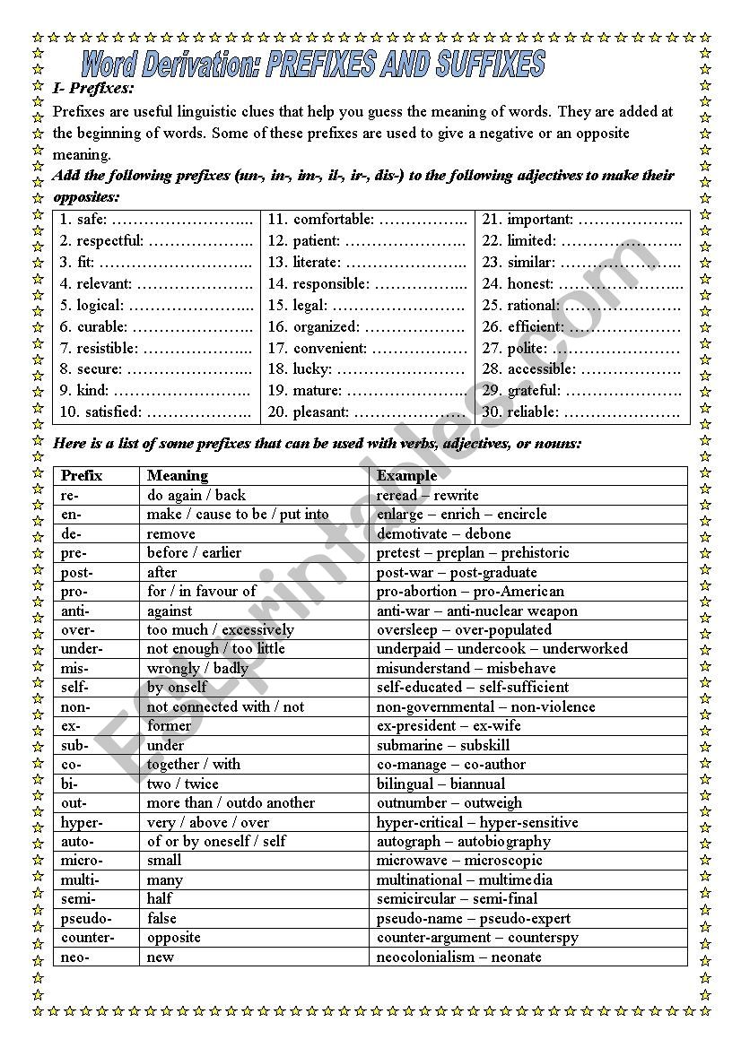 Word Derivation (Prefixes and Suffixes)