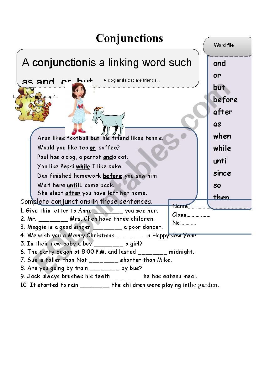 conjunction worksheet