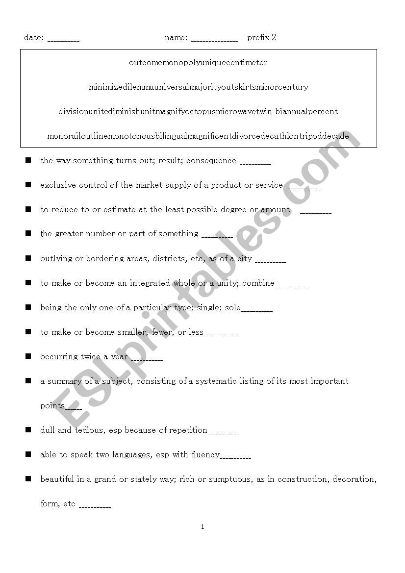 prefix/explanations 2 worksheet