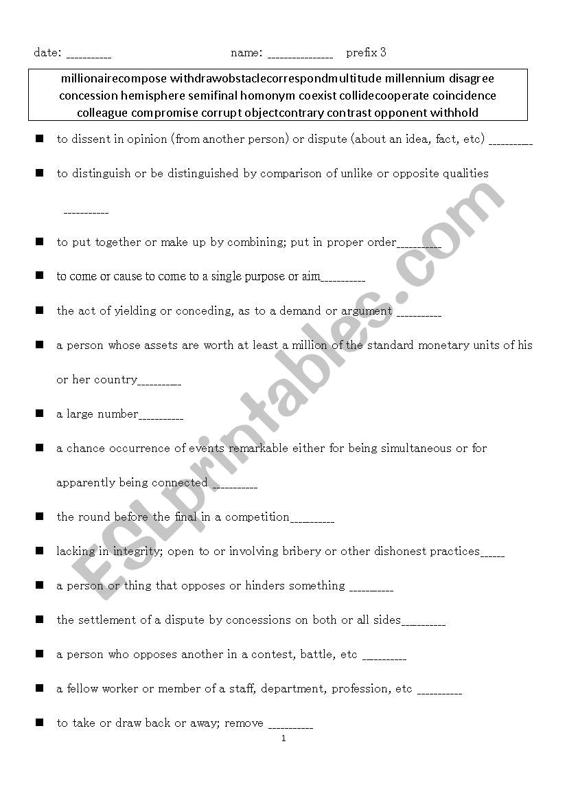 prefix/explanations 3 worksheet