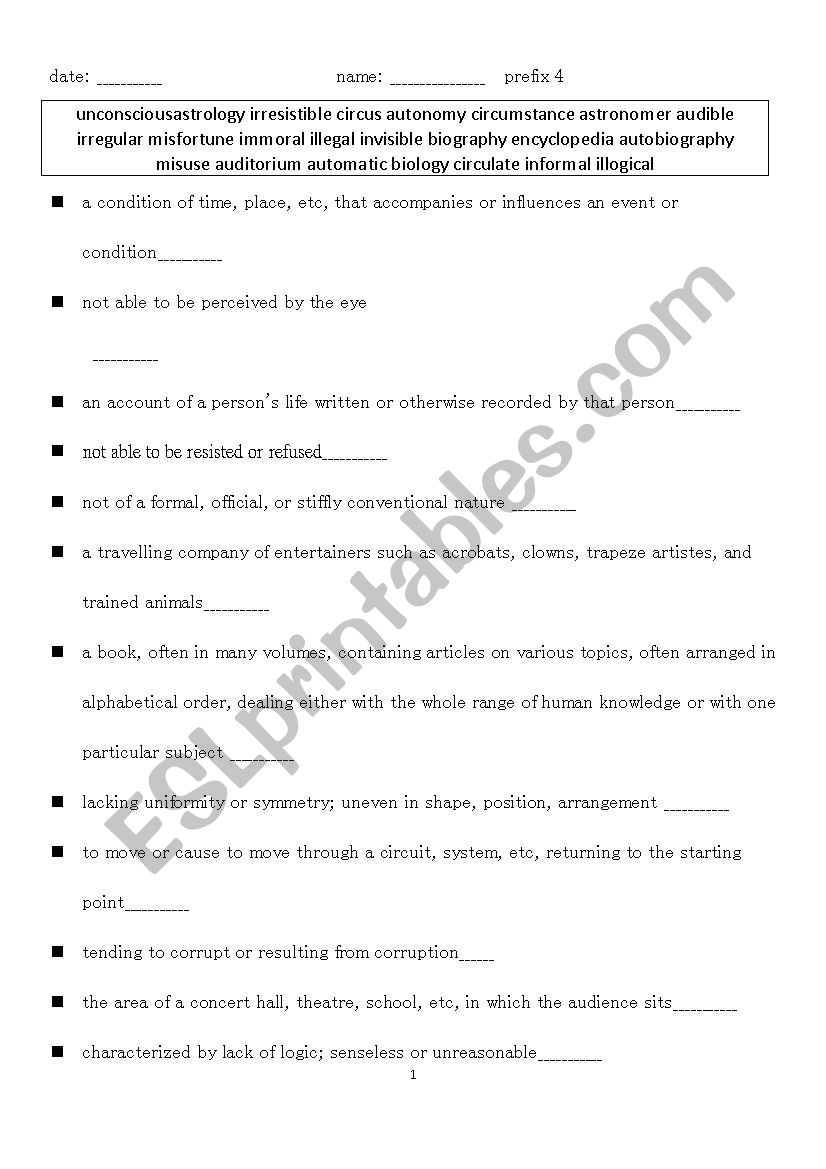 prefix/explanations 4 worksheet