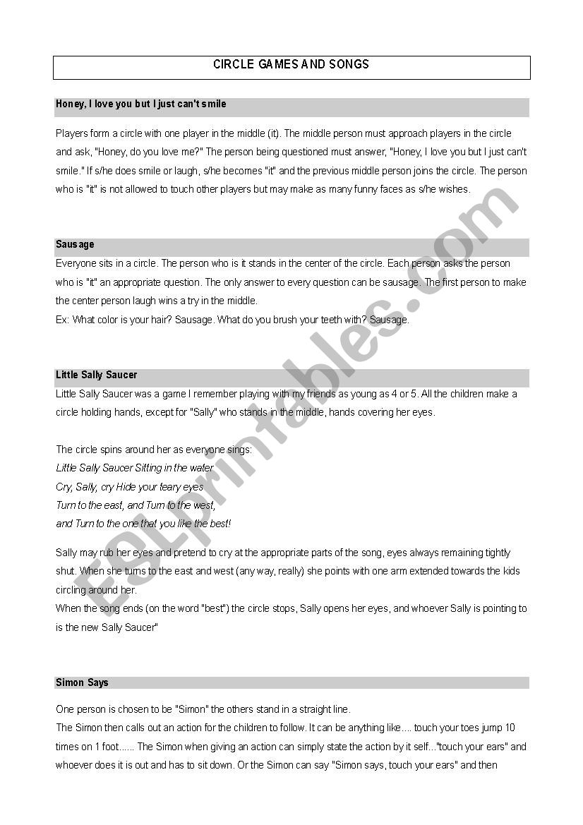 English songs and games worksheet