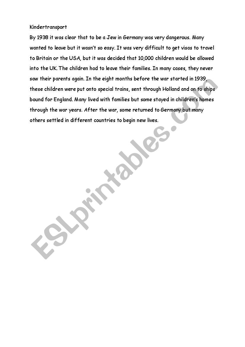 Kindertransport worksheet