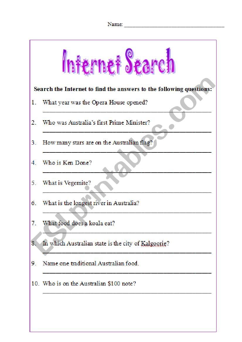 Internet Scavenger Hunt - ESL worksheet by barb22 Intended For Internet Scavenger Hunt Worksheet