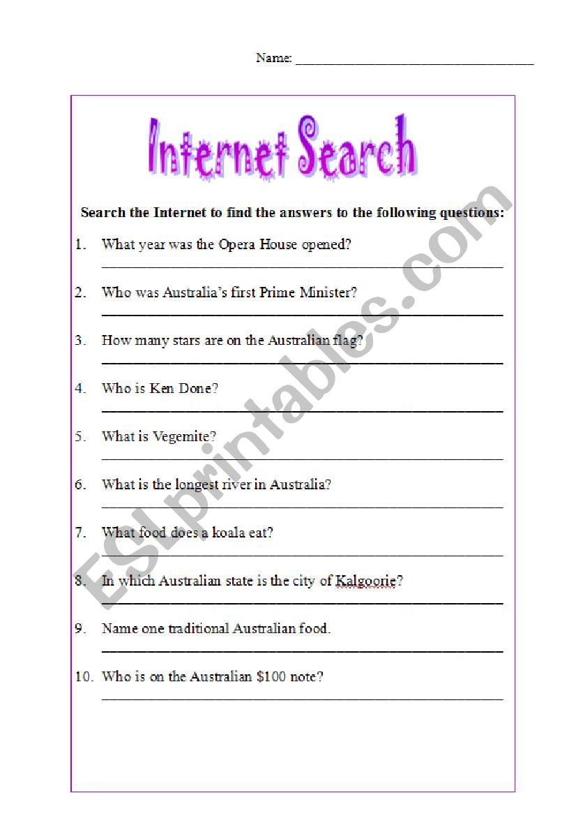 Internet Scavenger Hunt worksheet