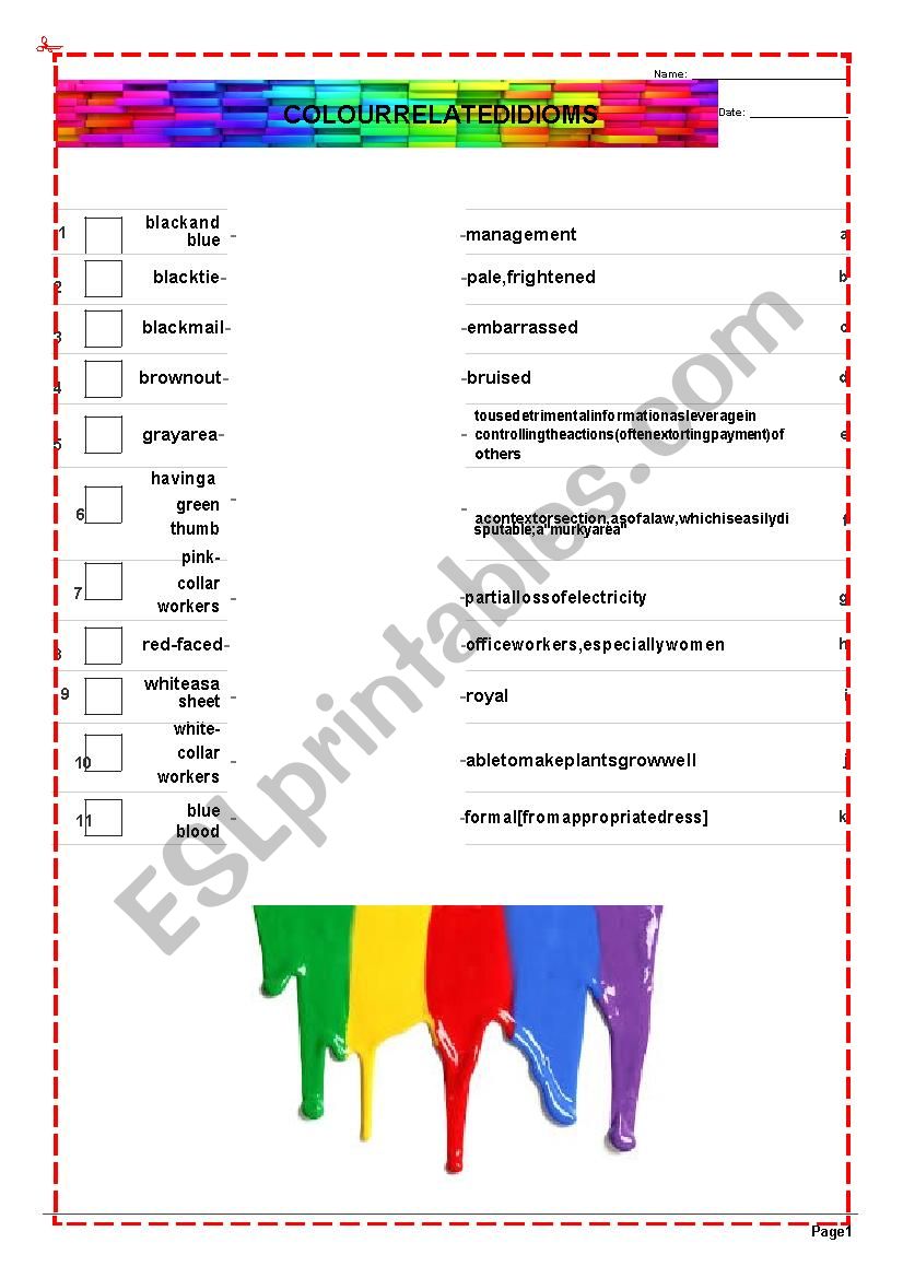 Colour Related Idioms - Matching Pairs