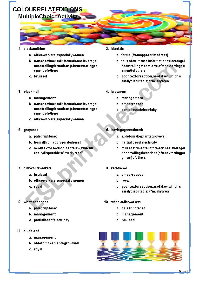 Colour Related Idioms - Multiple Choice Activity