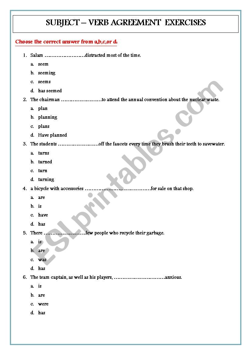 subject-verb agreement exercises 