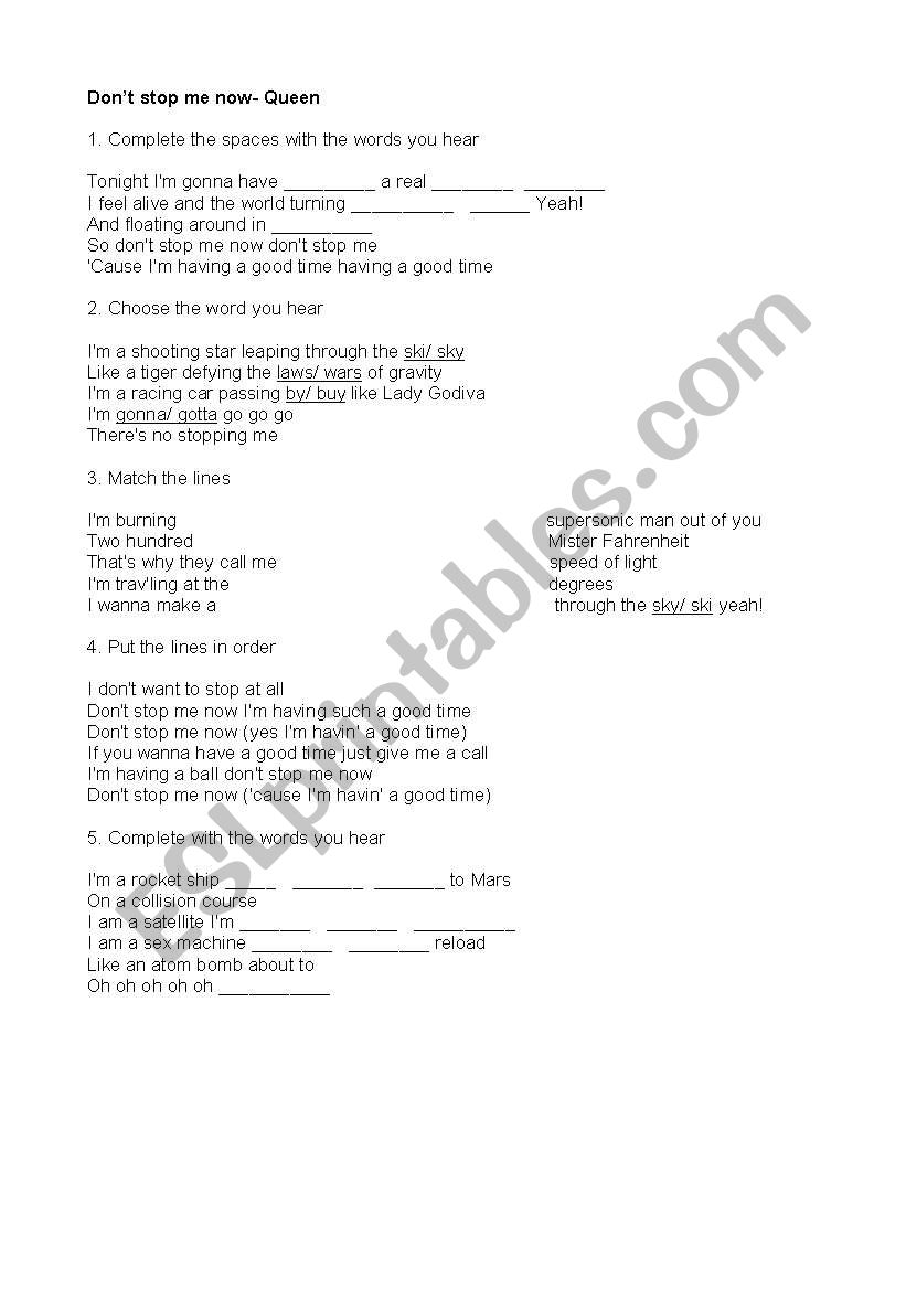 DONT STOP ME NOW- QUEEN worksheet