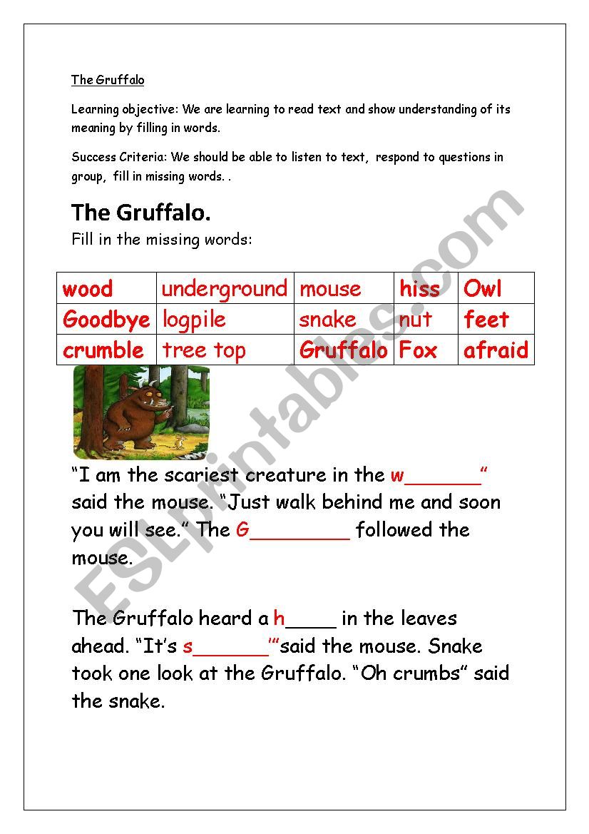 The Gruffalo worksheet