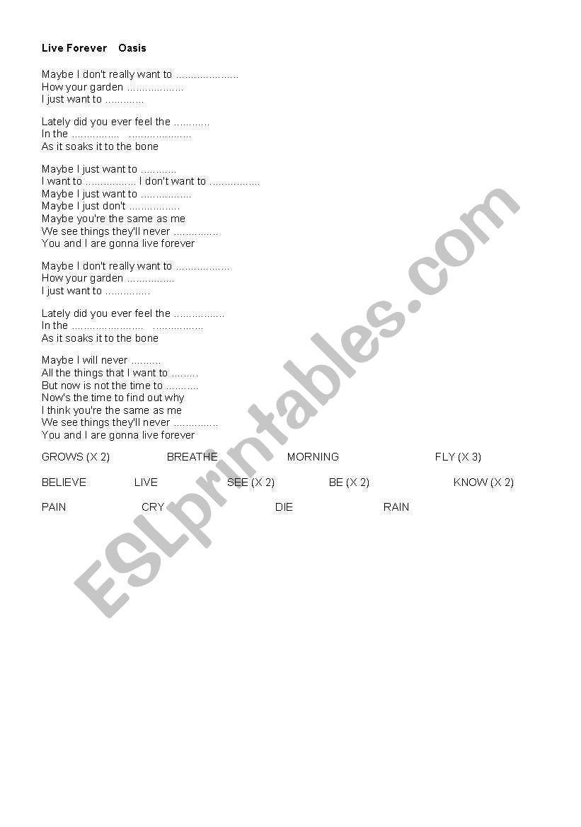 LIVE FOREVER- OASIS worksheet