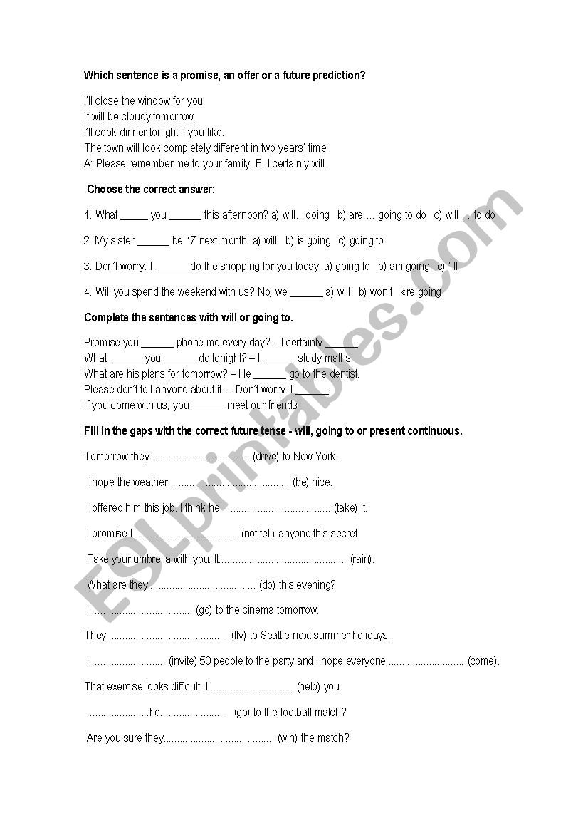 Exercises going to vs. will worksheet