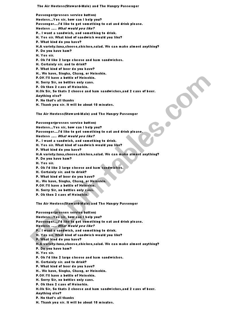 air hostess conversation worksheet