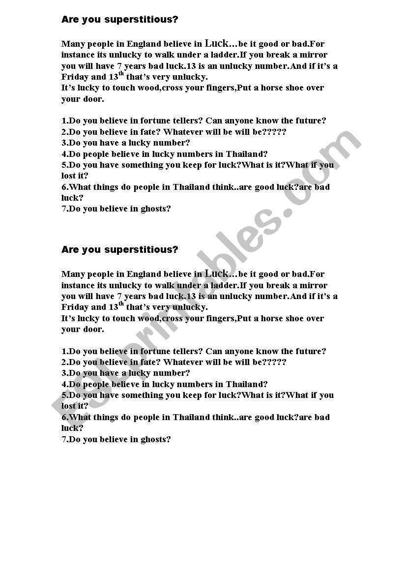 Superstition conversation worksheet