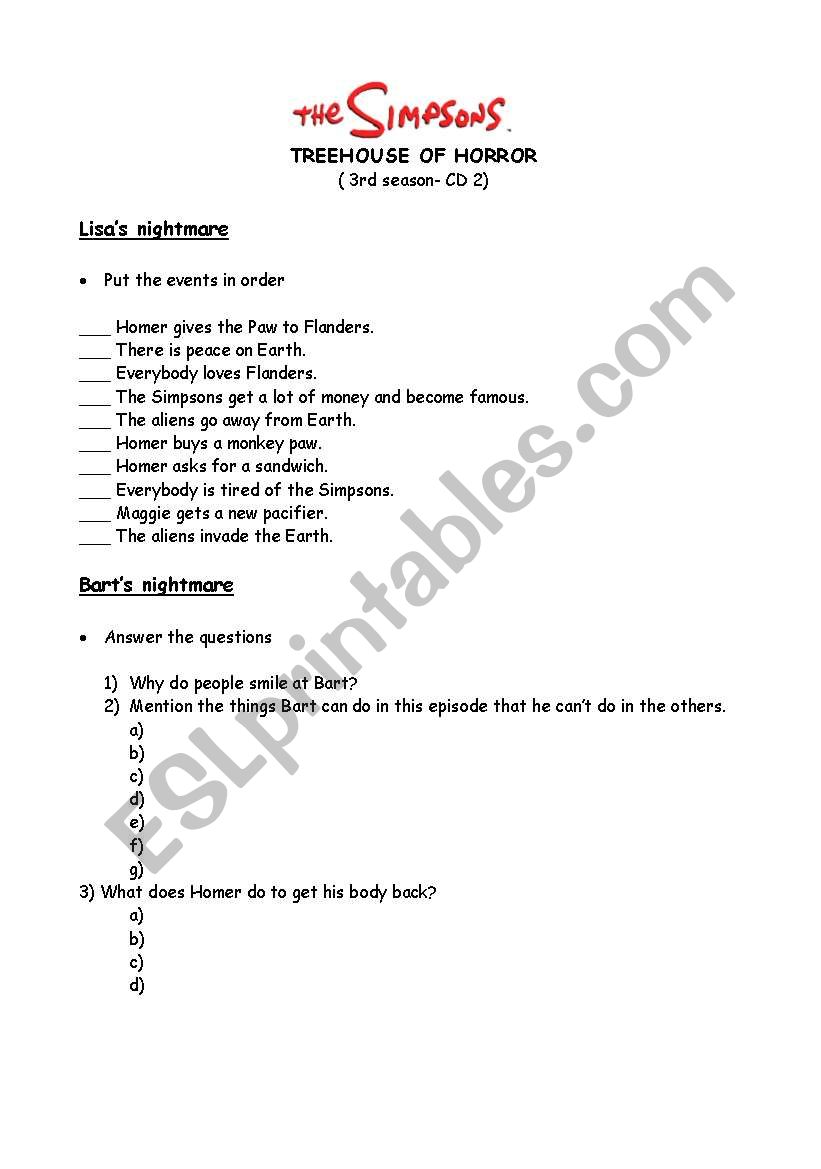 TREEHOUSE OF HORROR worksheet