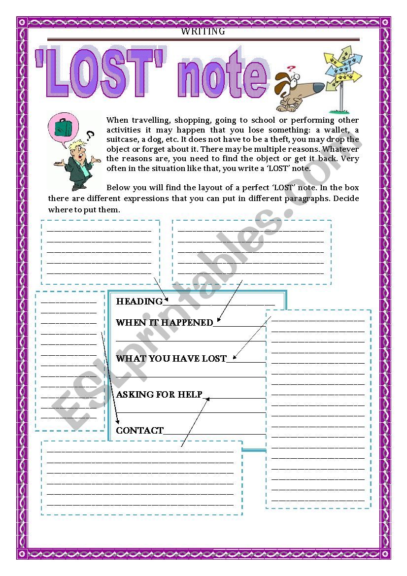 WRITING - LOST note worksheet