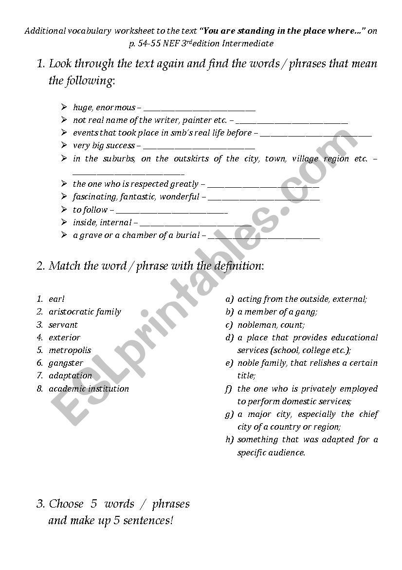 Additional vocabulary worksheet to the text You are standing in the place where on p. 54-55 NEF 3rd edition Intermediate