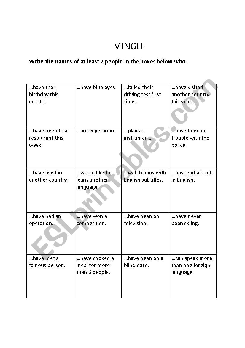 Mingle worksheet