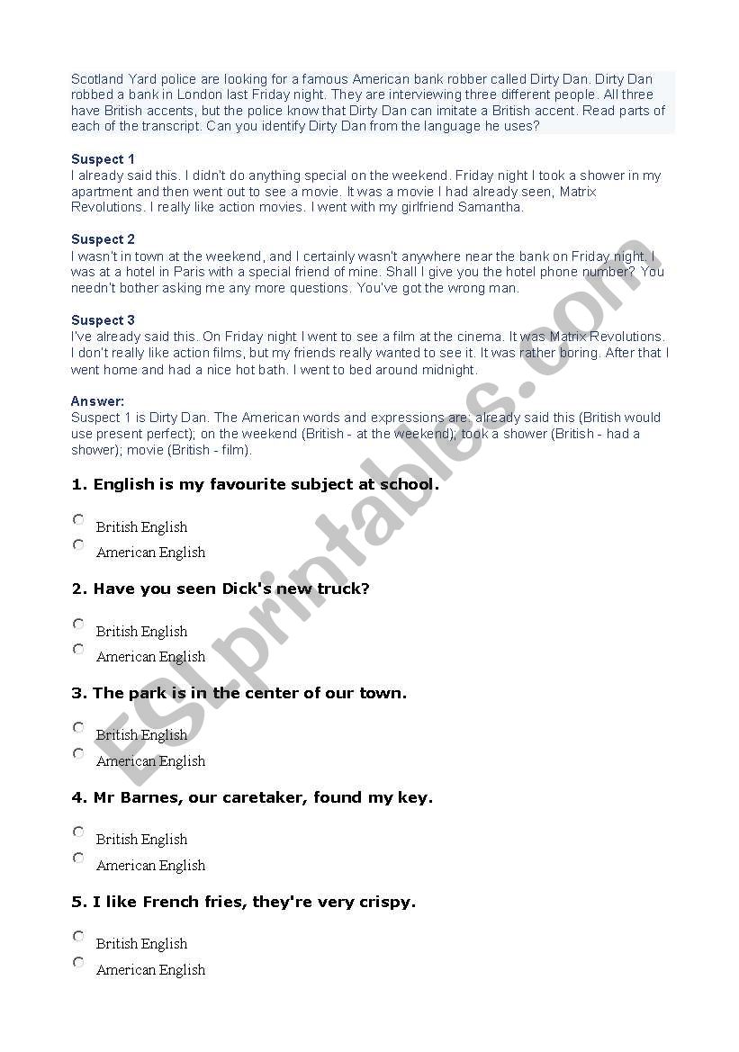 BRITISH- AMERICAN ENGLISH worksheet