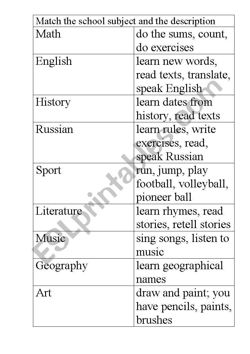 School subjects worksheet