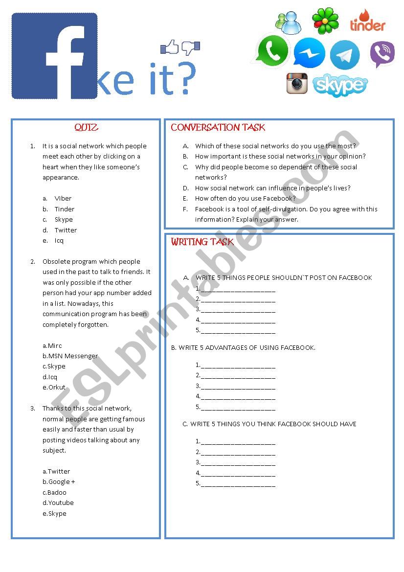 Facebook - Social Network worksheet