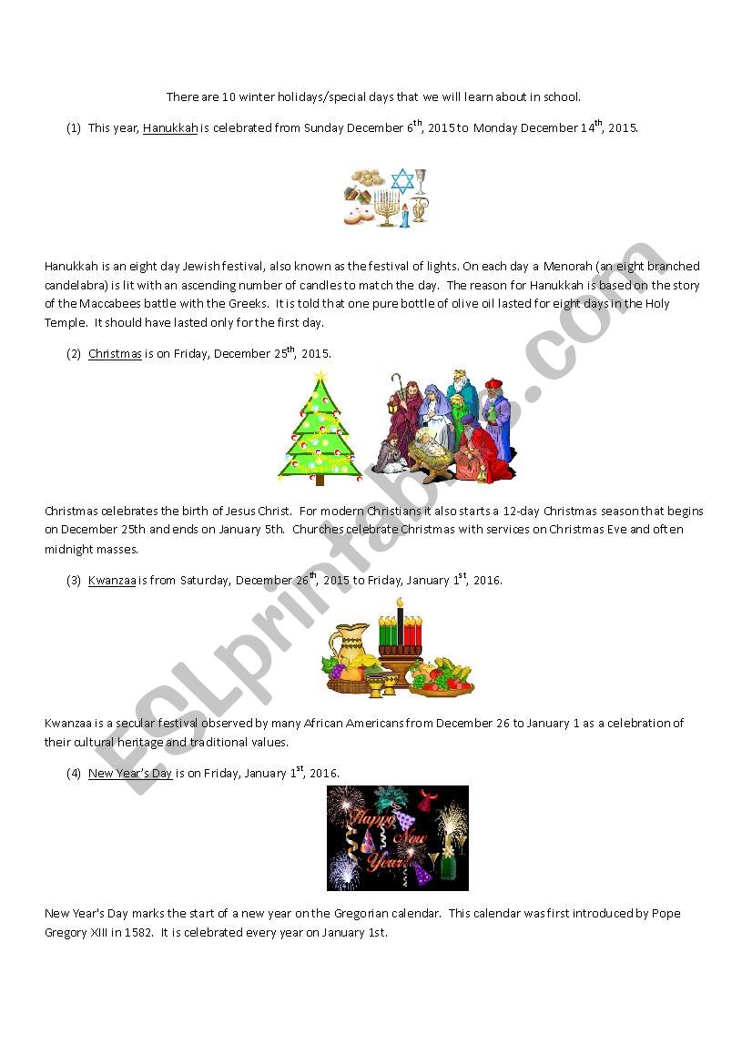 Winter Holidays 2015-2016 worksheet