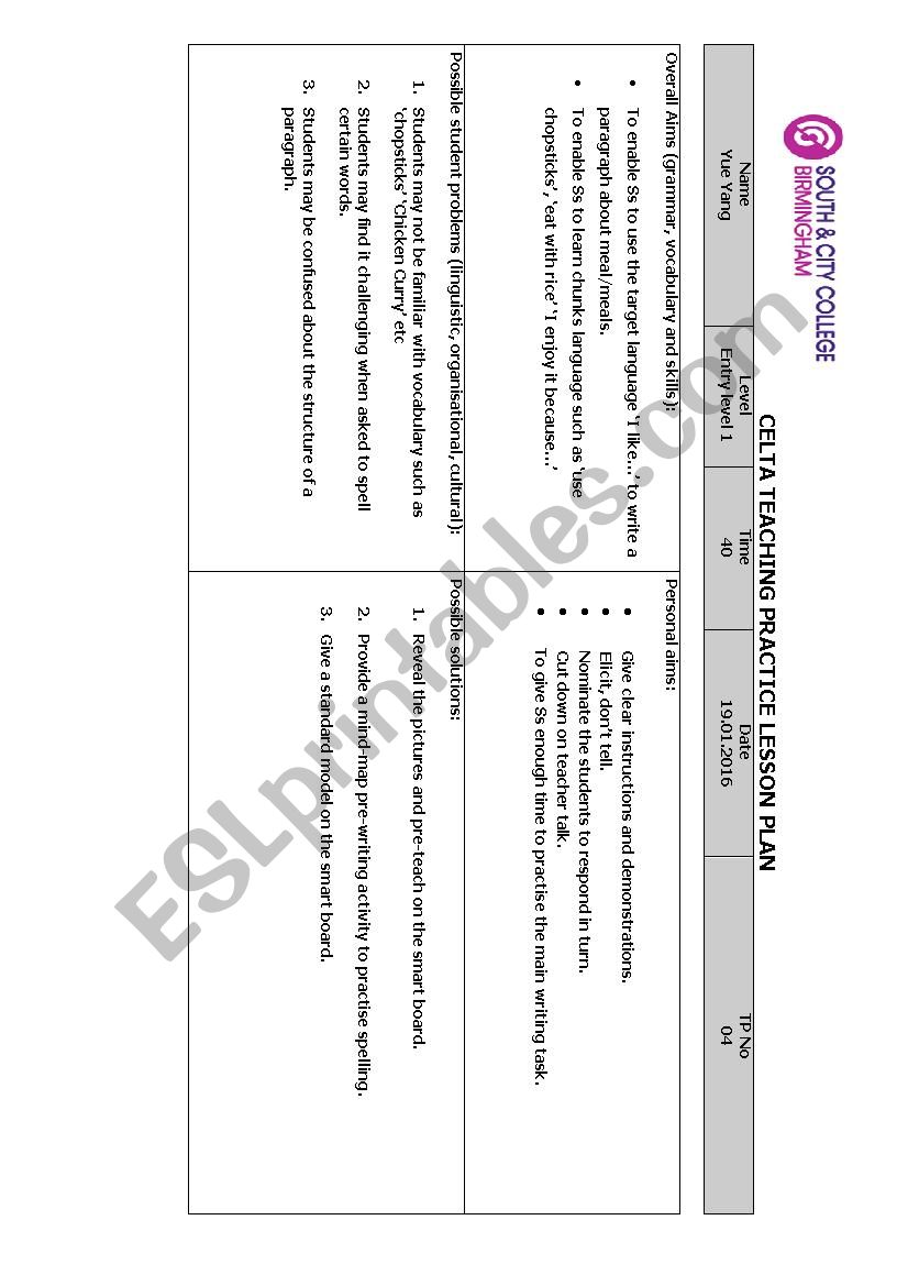 CELTA Writing Lesson Plan  worksheet