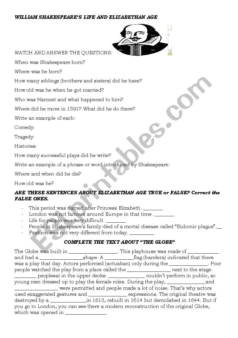 Shakespeare and his Age worksheet