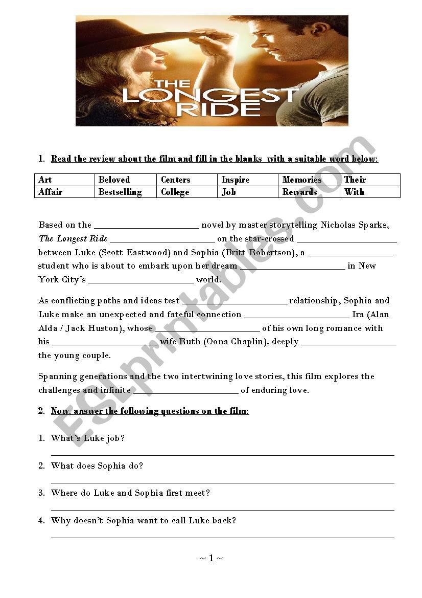 Moviesheet: The Longest Ride (with key)