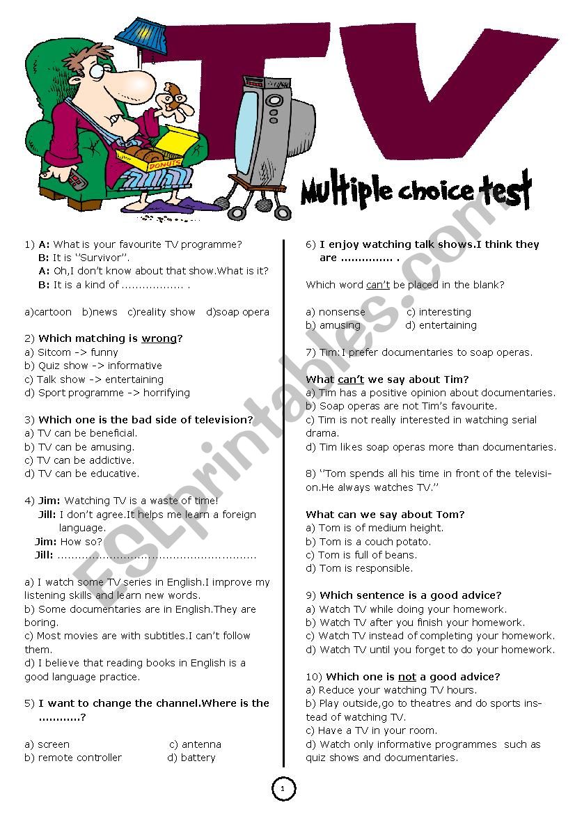 TV multiple choice test worksheet