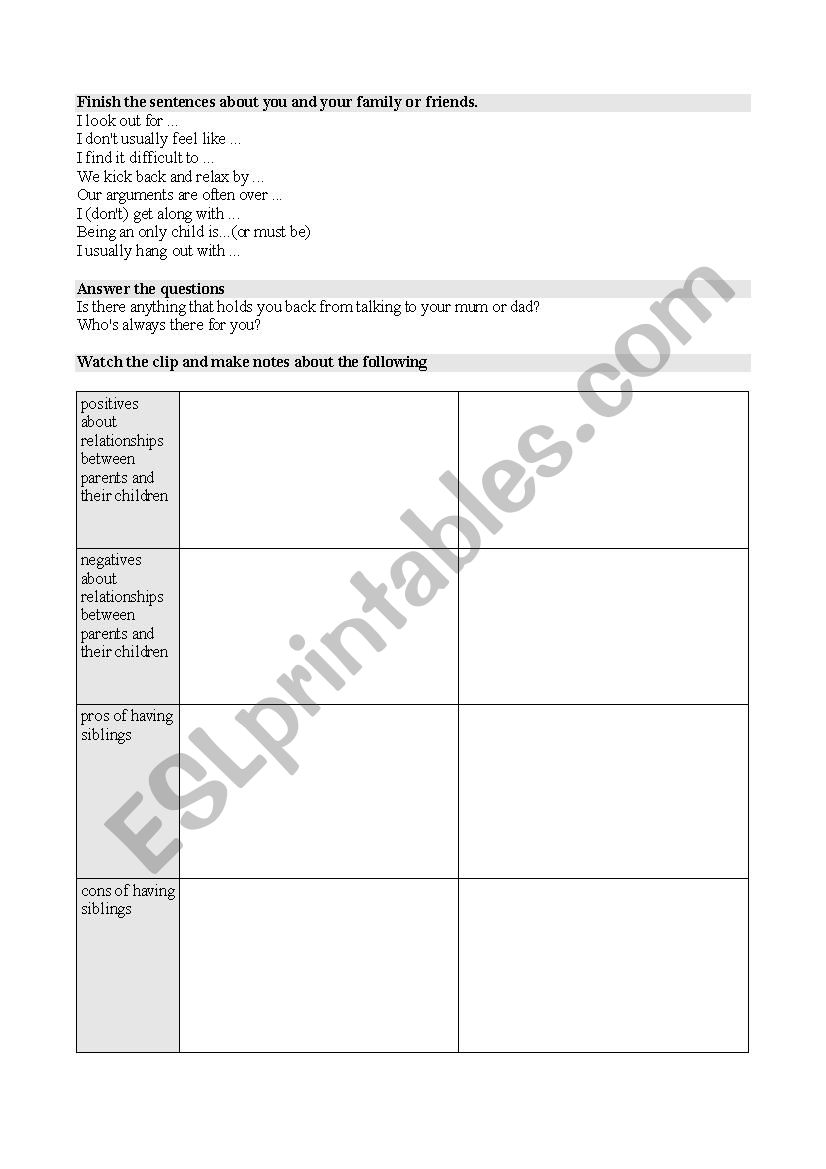 Family relationships worksheet