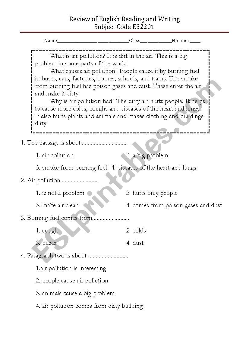 reading comprehension worksheet